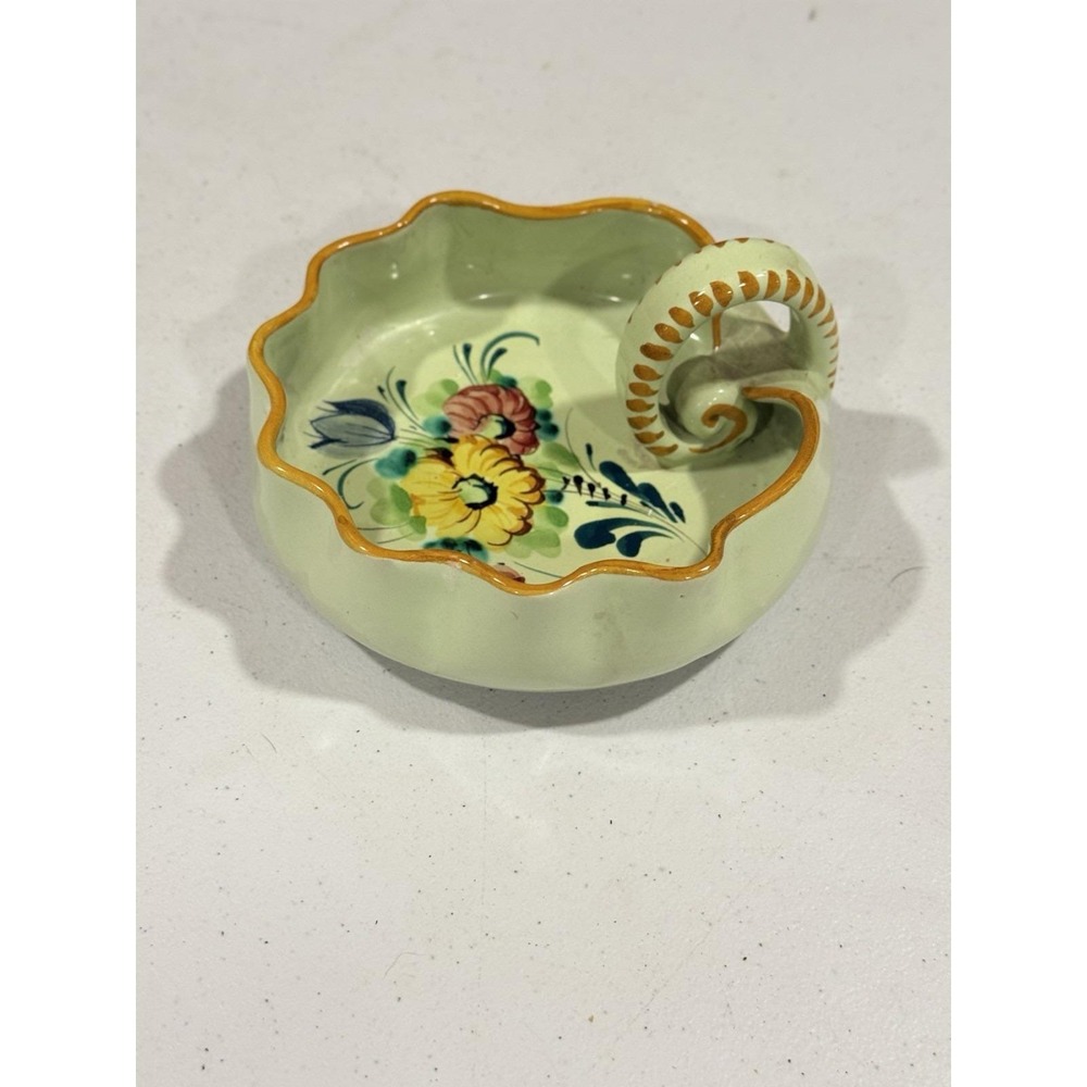Vintage Small Hand Painted Ceramic Trinket Dish With Finger Loop Handle Italy
